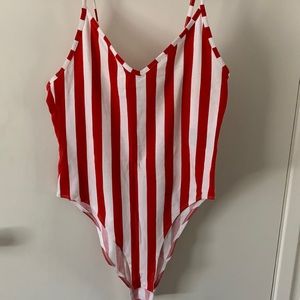 Red and white striped body suit